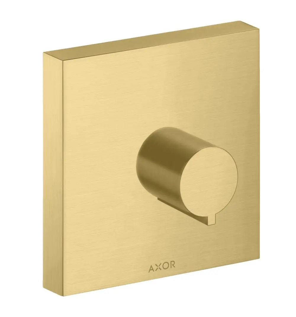 Wandmontiertes Absperrventil in Brushed Gold Optik, kreisförmiger Bedienknopf. Hersteller: AXOR. Quadratförmige Blende mit mattem Finish.